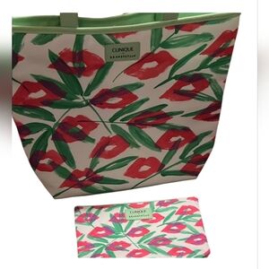 Clinique NEW Vibrant Floral Tote  And Pouch Red and Green
